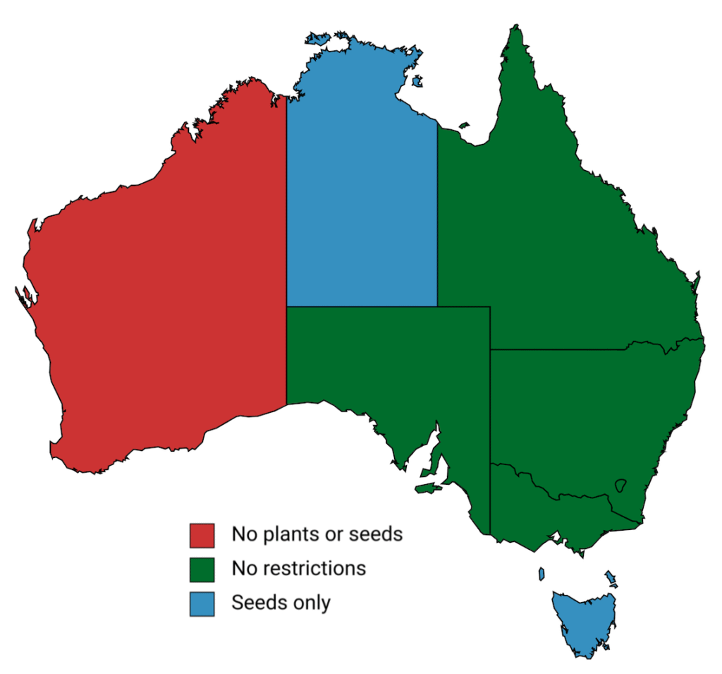 A map showing the plant and seed restrictions of different states in Australia.