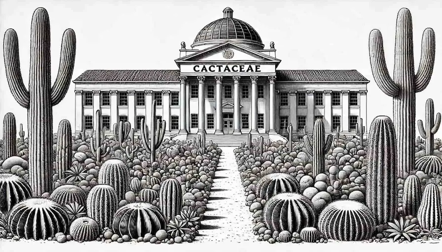 A drawing of a fictional "cactus university" in the classic university architecture style, in a field full of cacti.