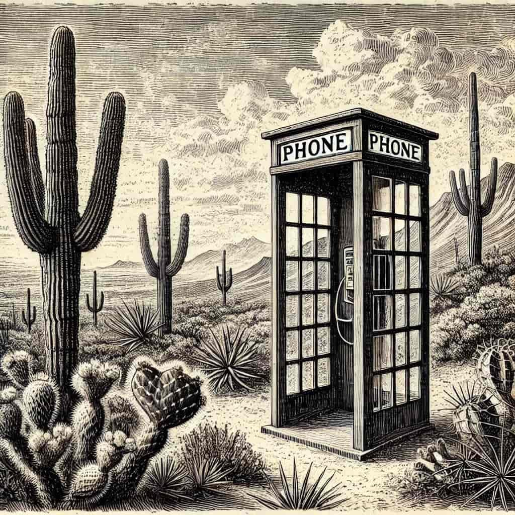 A drawing of a phone booth in a cactus field