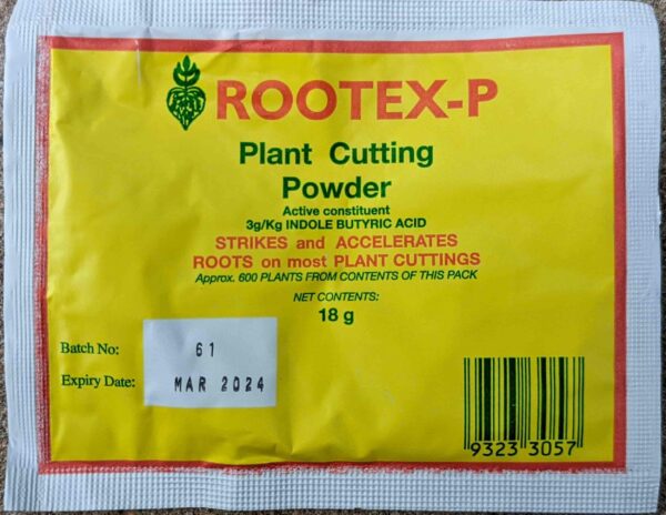 A yellow rooting hormone packet with "rootex-p" written in red text and "plant cutting powder" written in green text