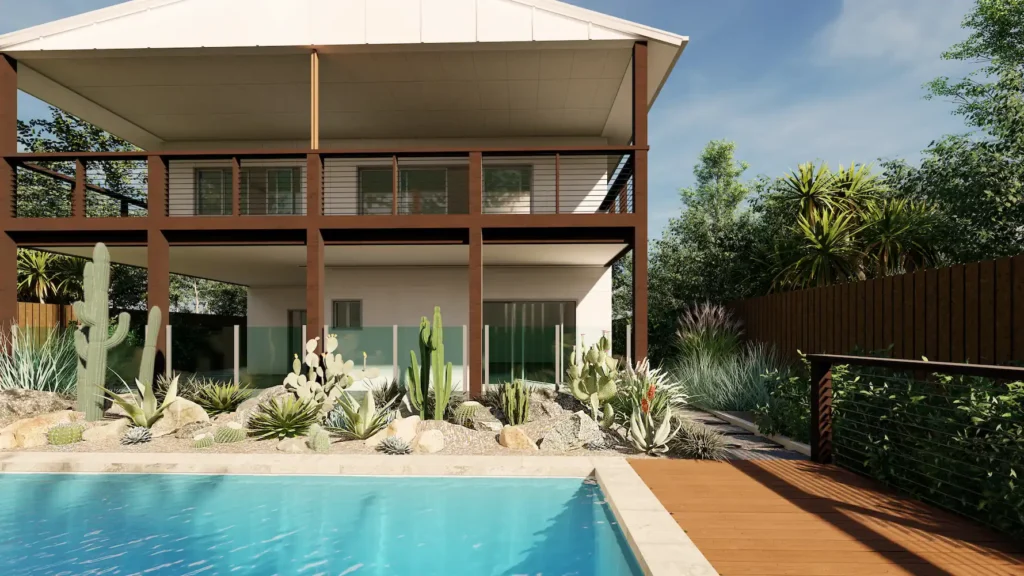 A 3D render of a poolside cactus garden