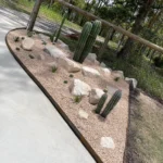 a cactus garden in a rural setting, with rust coloured corten steel edging flanking a driveway entrance